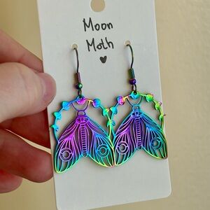 🔴 SOLD🌙 Moon Moth Iridescent Earrings – Rainbow Boho Teardrop Nature Festiva